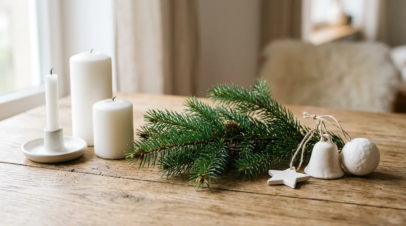 Use warm white lighting for a softer holiday atmosphere inspiration for a minimalist holiday interior.